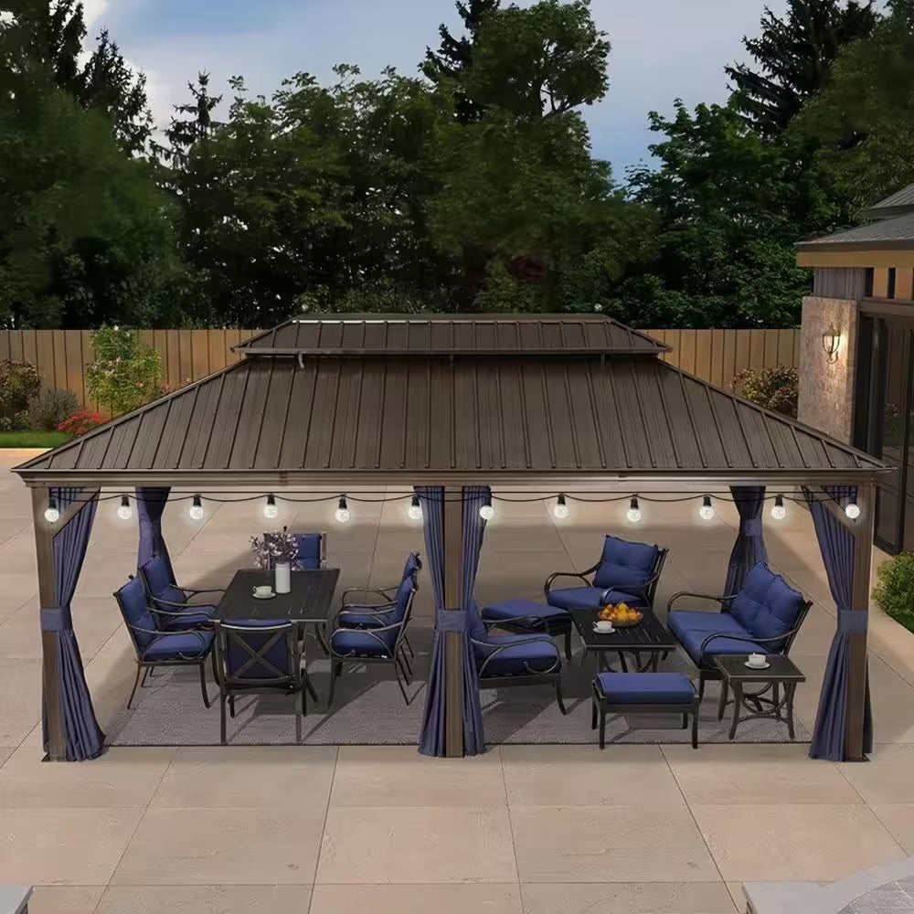 12 Ft.X 20 Ft.Bronze Patio Outdoor Gazebo for Backyard Hardtop Aluminum Frame with Hooks,Netting ,Blue Curtain,36-Lights
