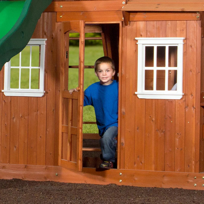 Shenandoah Cedar Wood Swing Set with Wave Slide, Clubhouse, Playhouse, and Play Kitchen