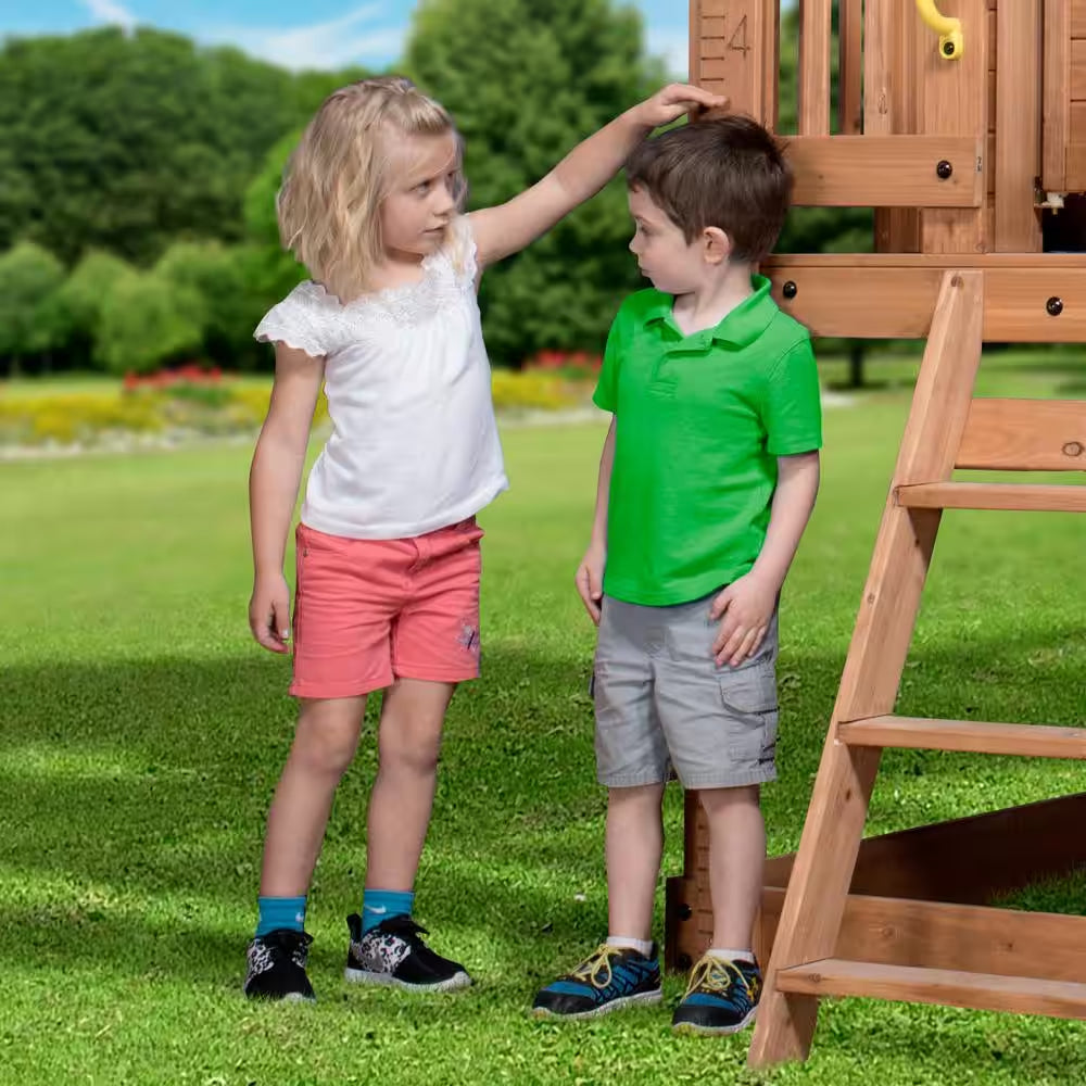 Scenic Heights Indoor Outdoor All Cedar Wooden Elevated Kids Playhouse W/ Clubhouse, Ladder, Staircase, and Play Kitchen