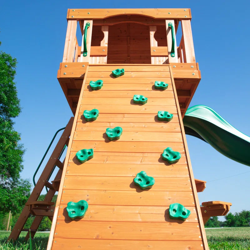 Woodland Cedar Wood Swing Set with Wave Slide, Clubhouse, Rock Wall, and Snack Bar Station