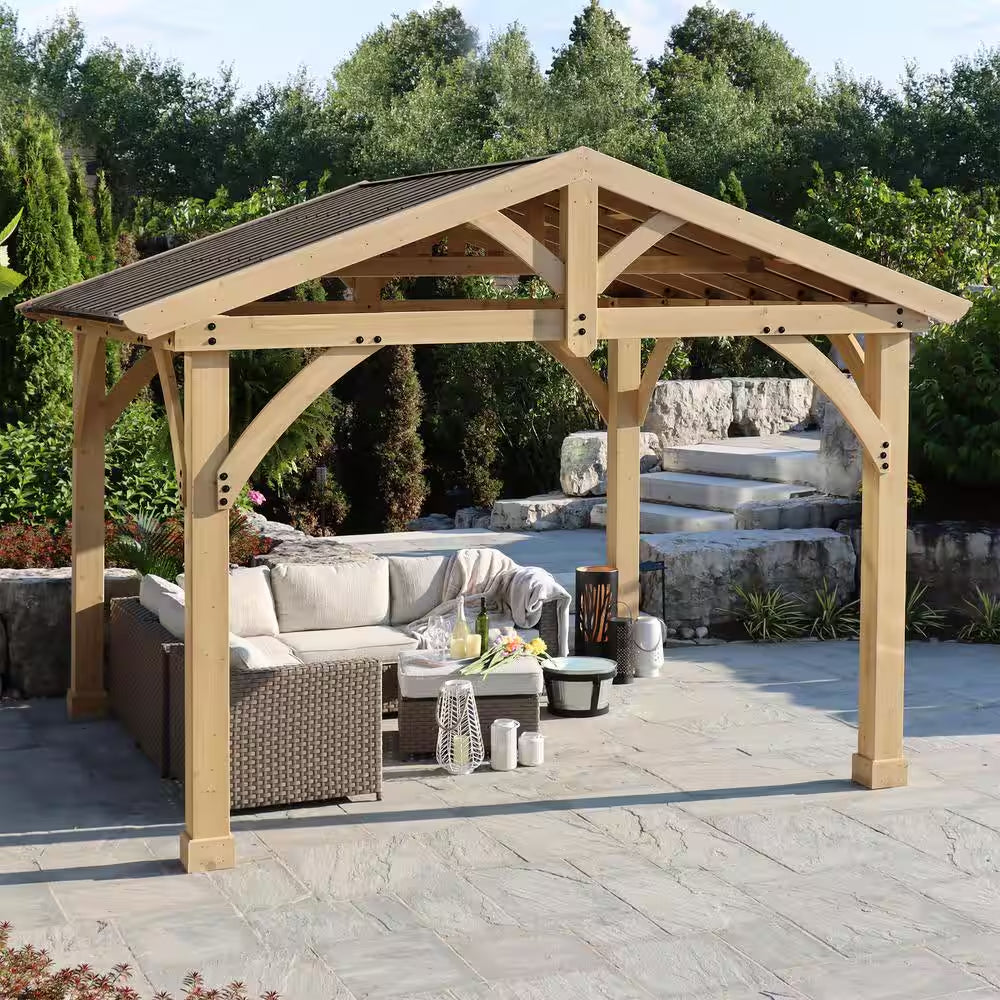 DIY Carolina 11 Ft. X 13 Ft. Cedar Wood Outdoor Gazebo Kit with Hardtop Metal Roof - Permanent Covered Patio Shade