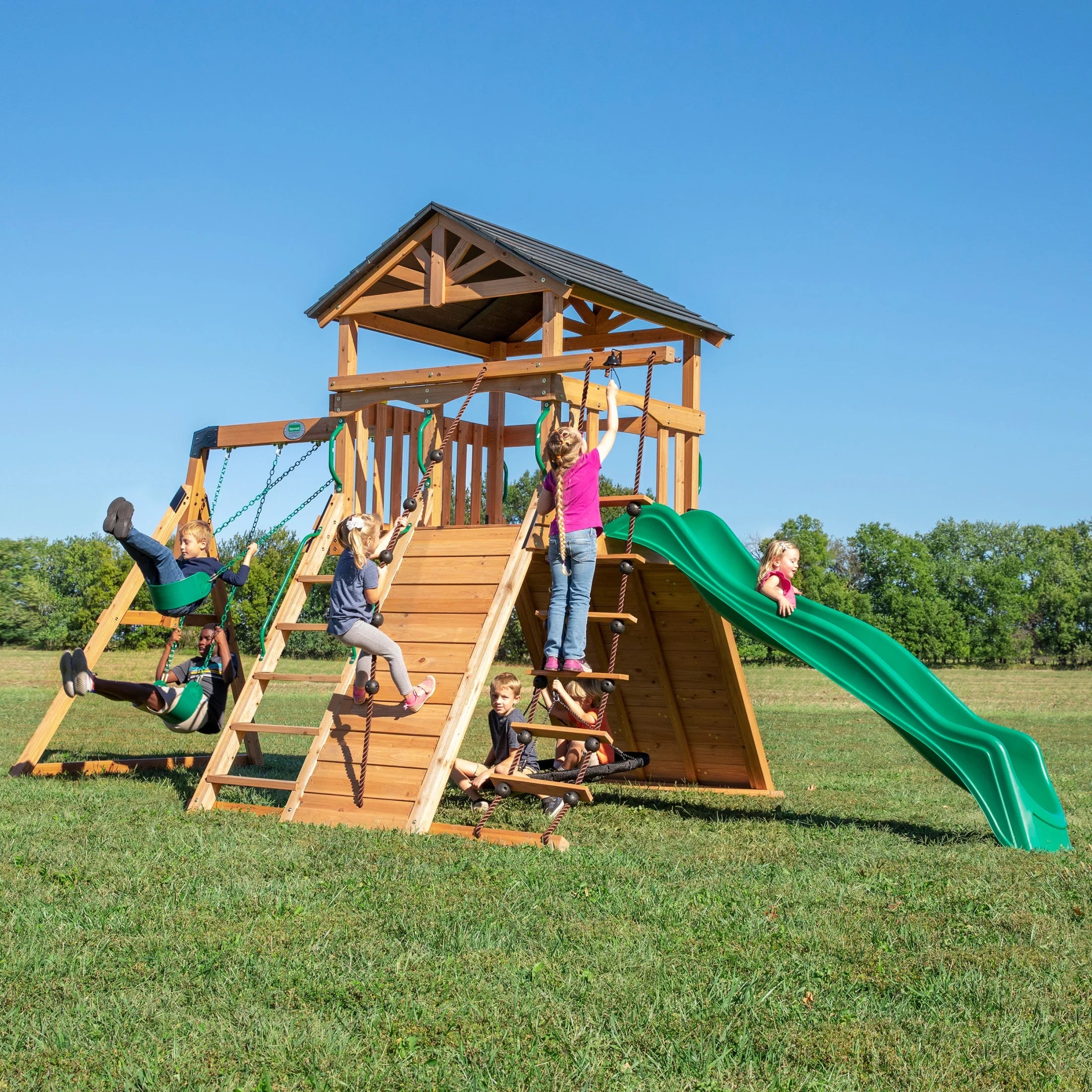 Endeavor Cedar Wood Swing Set, Slide, Play Deck, Rock Wall, Rope Ladder