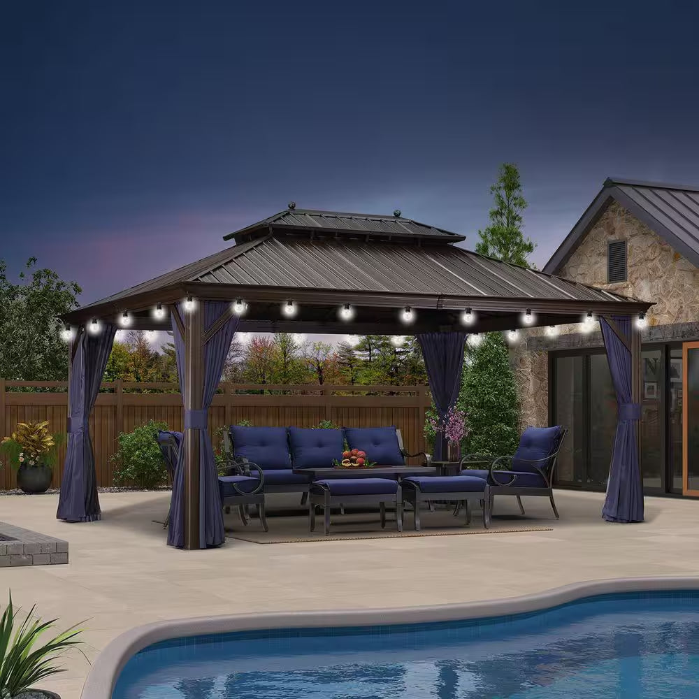 12 Ft.X 16 Ft.Bronze Patio Outdoor Gazebo for Backyard Hardtop Aluminum Frame with Hooks,Netting ,Blue Curtain,24 Lights