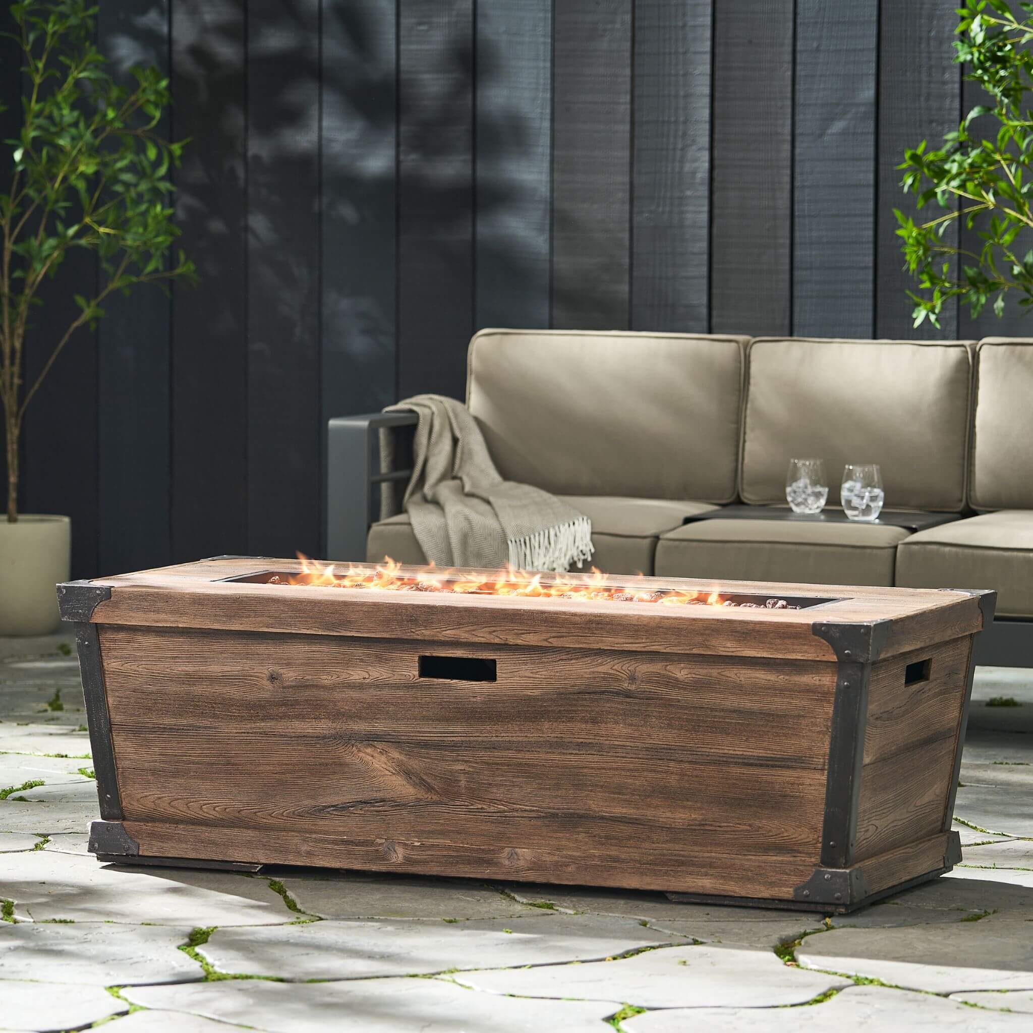 Alora 56-Inch Outdoor 50K BTU Wood Pattern Rectangle Gas Burning Fire Pit (SAK43681)