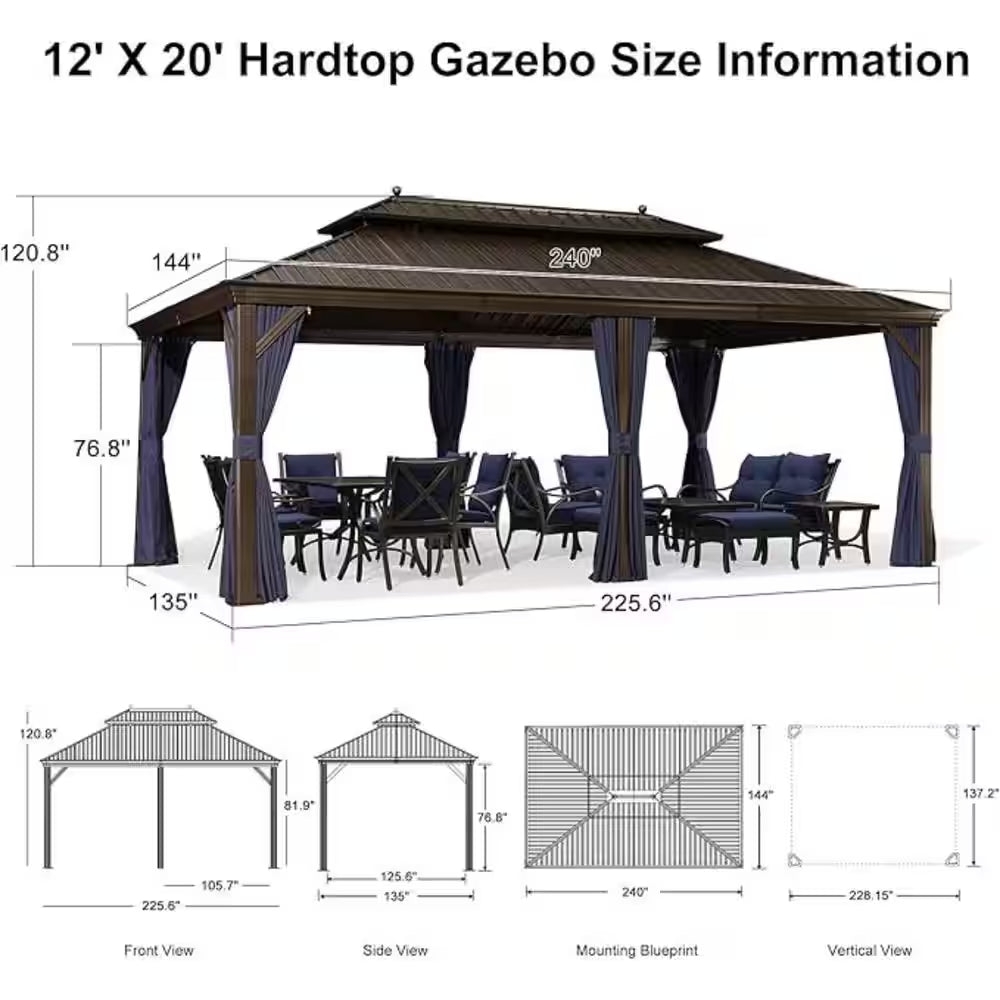 12 Ft.X 20 Ft.Bronze Patio Outdoor Gazebo for Backyard Hardtop Aluminum Frame with Hooks,Netting ,Blue Curtain,36-Lights