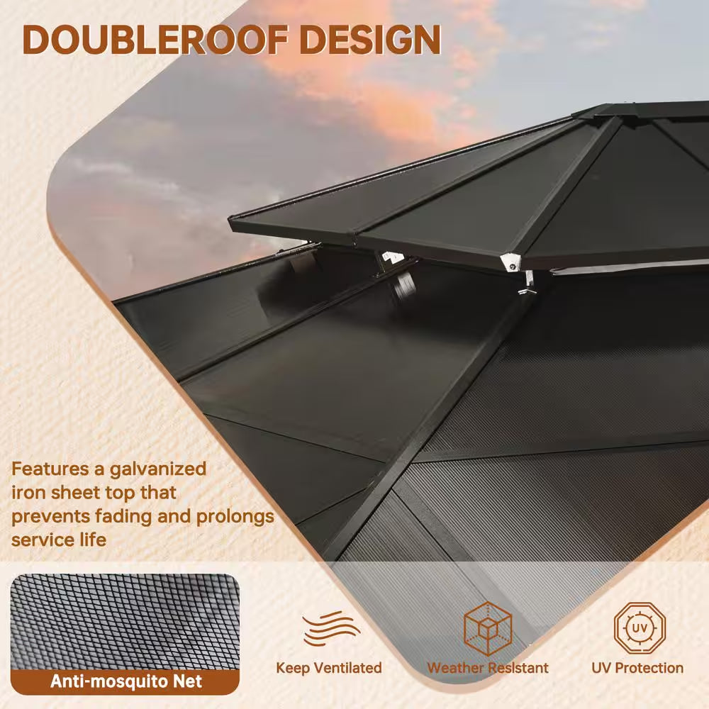16 Ft. X 12 Ft. Polycarbonate Double Roof Patio Gazebo with Ceiling Hook, Mosquito Nets and Curtains