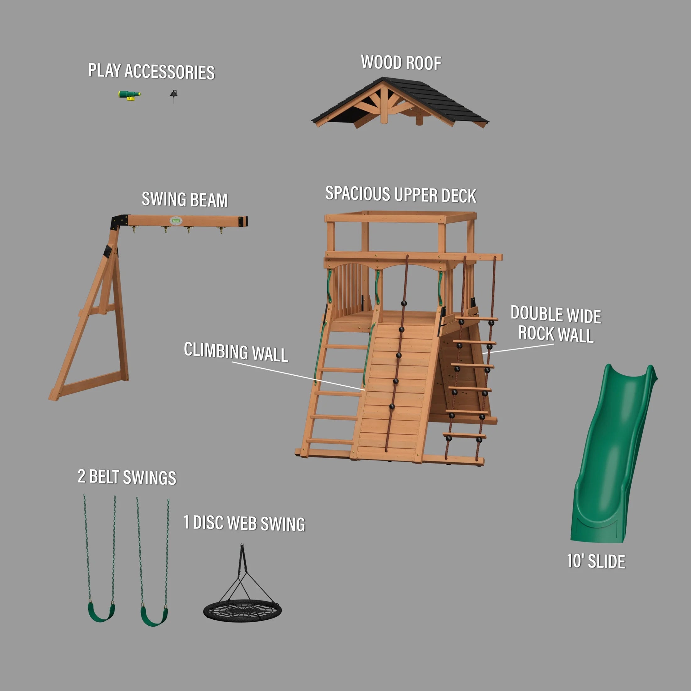 Endeavor Cedar Wood Swing Set, Slide, Play Deck, Rock Wall, Rope Ladder