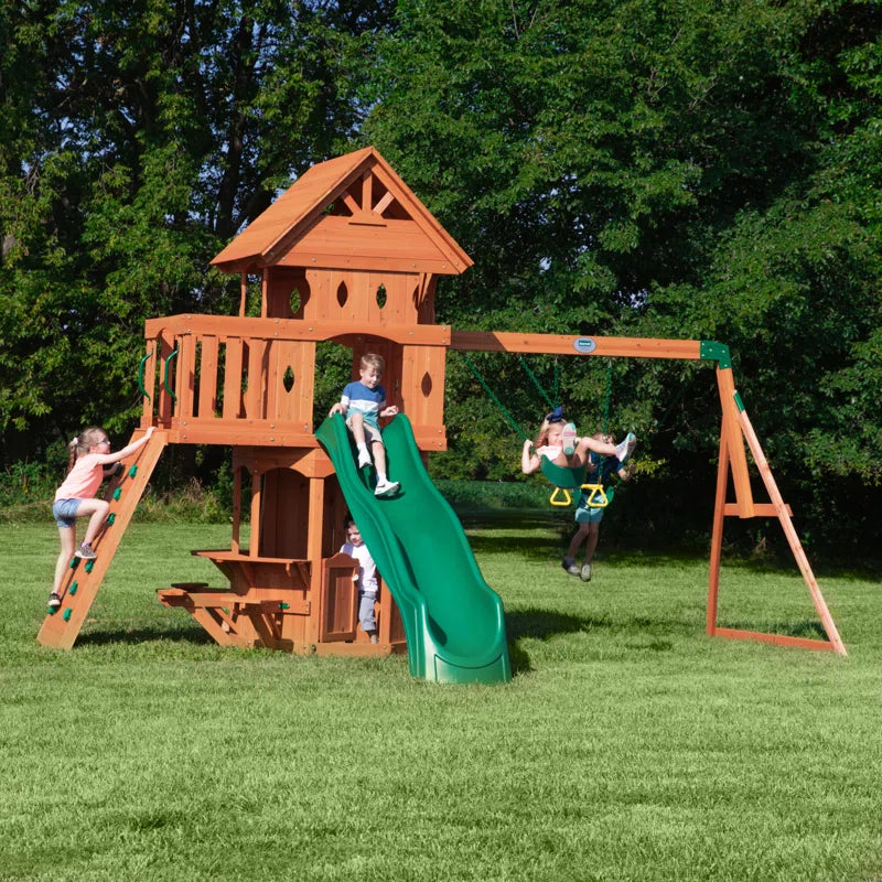 Woodland Cedar Wood Swing Set with Wave Slide, Clubhouse, Rock Wall, and Snack Bar Station