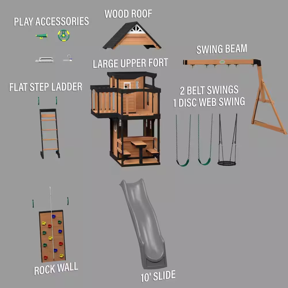 Canyon Creek Outdoor Kid'S Playground Set W/ Rockwall, Upper Fort, Swing Set, Gray Wave Slide, and Playset Kitchen
