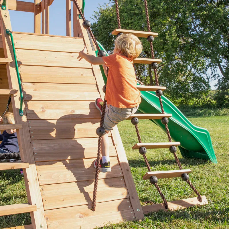 Endeavor Cedar Wood Swing Set with Wave Slide, Play Deck, Double Rock Wall, and Rope Ladder