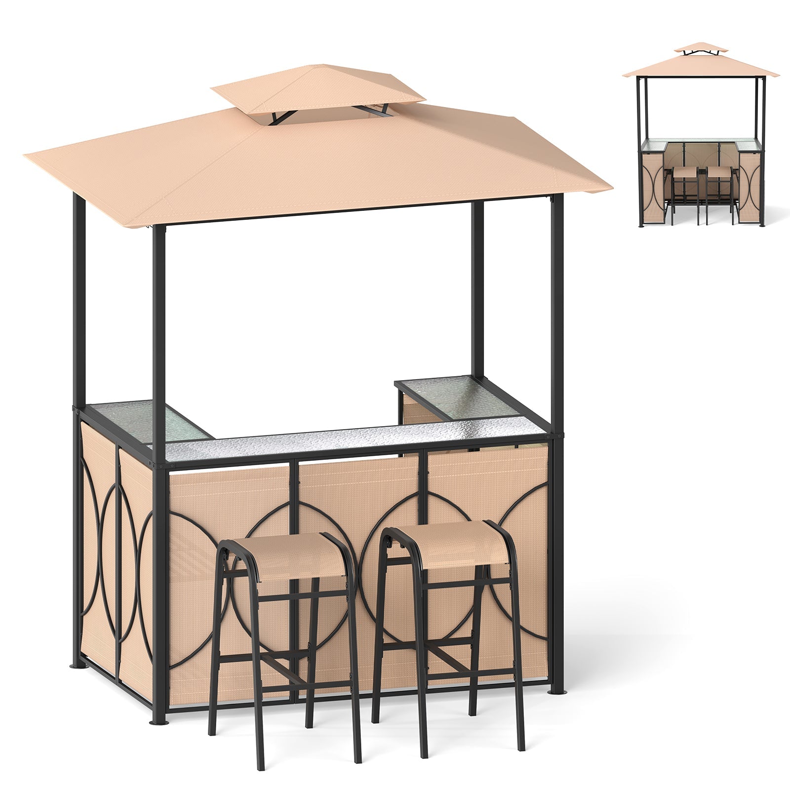 6.5 x 4 x 8 FT Grill Gazebo Set with 2 Bar Stools and Bar Table-Brown