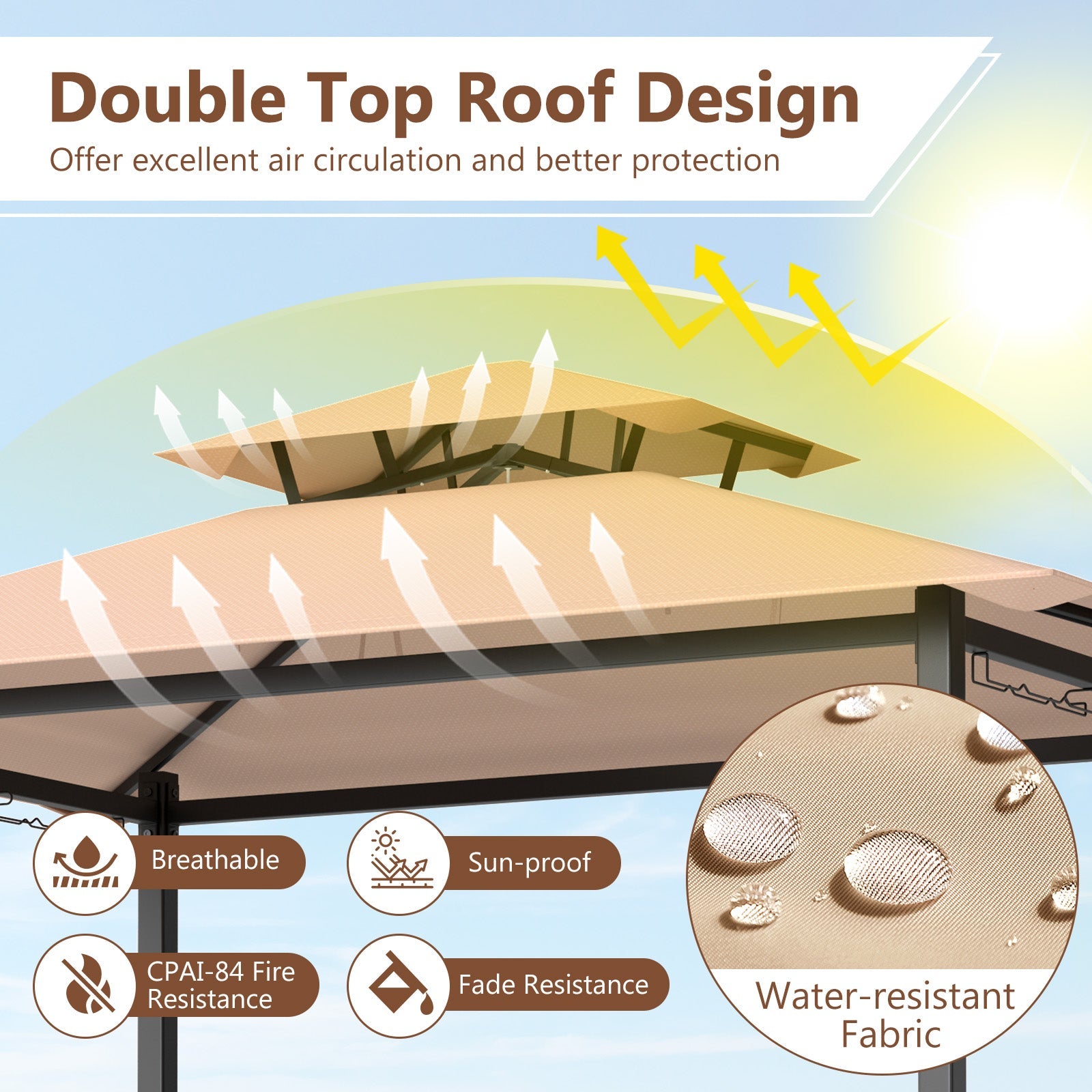 6.5 x 4 x 8 FT Grill Gazebo Set with 2 Bar Stools and Bar Table-Brown