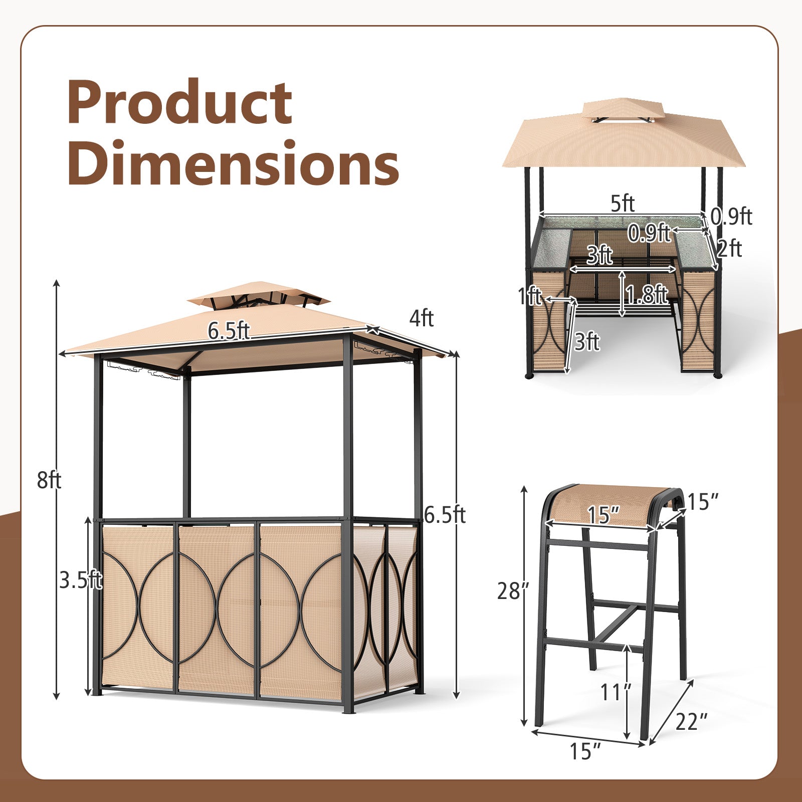 6.5 x 4 x 8 FT Grill Gazebo Set with 2 Bar Stools and Bar Table-Brown