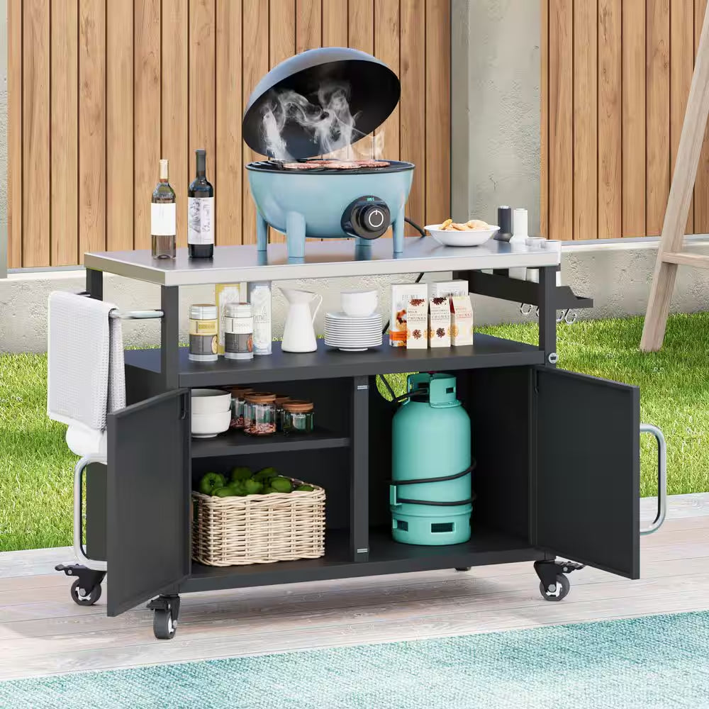 W54. 5" Metal Outdoor Bar Grill Cart with Storage Cabinet & Spice Rack & Towel Rack
