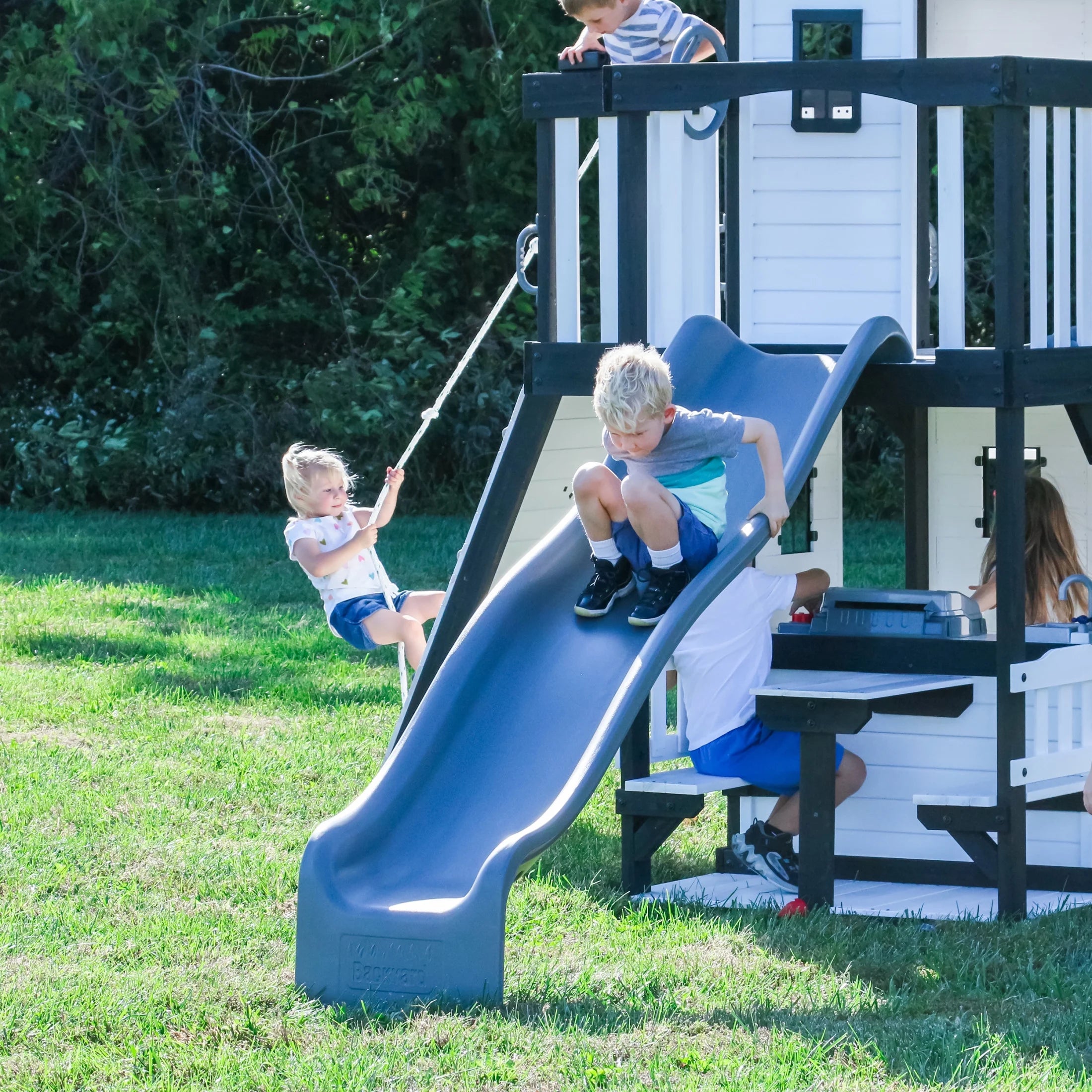 Canyon Creek White Cedar Wood Swing Set, Slide, Clubhouse, Rock Wall
