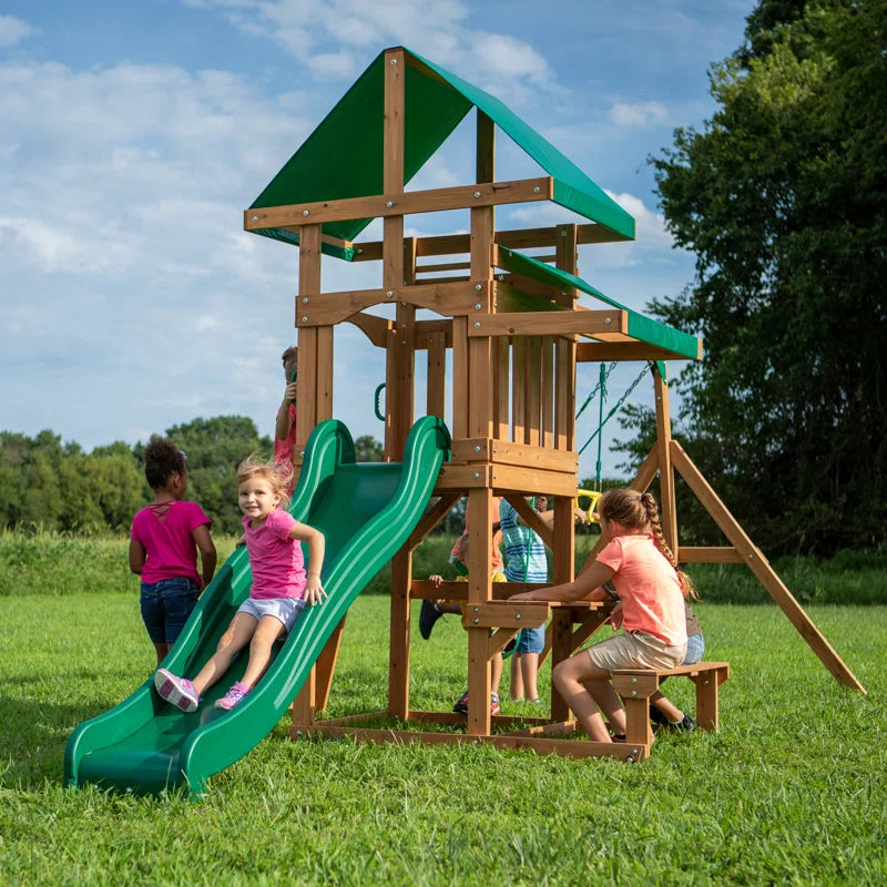 Belmont Cedar Wood Swing Set with Wave Slide, Play Deck, Rock Wall Ladder, and Snack Bar Window