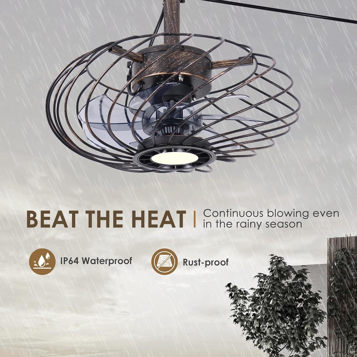 15" Outdoor Ceiling Fan with Light, Waterproof Gazebo Fan Remote Control, Dimmab