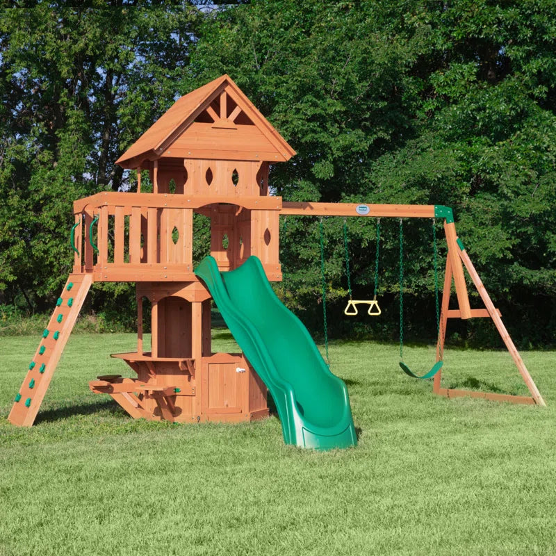 Woodland Cedar Wood Swing Set with Wave Slide, Clubhouse, Rock Wall, and Snack Bar Station