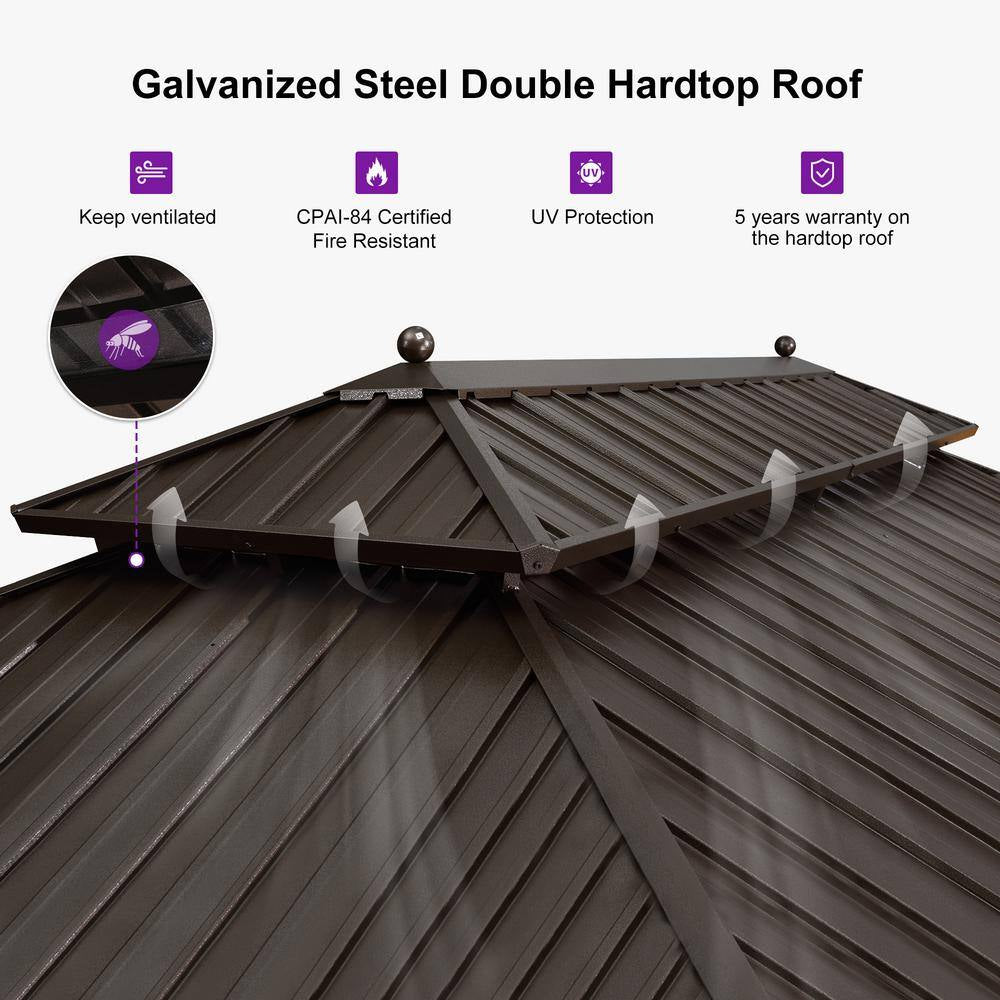 13 Ft.X 20 Ft.Bronze Patio Outdoor Gazebo for Backyard Hardtop Aluminum Frame with Hooks,Netting,Khaki Curtain,36 Lights