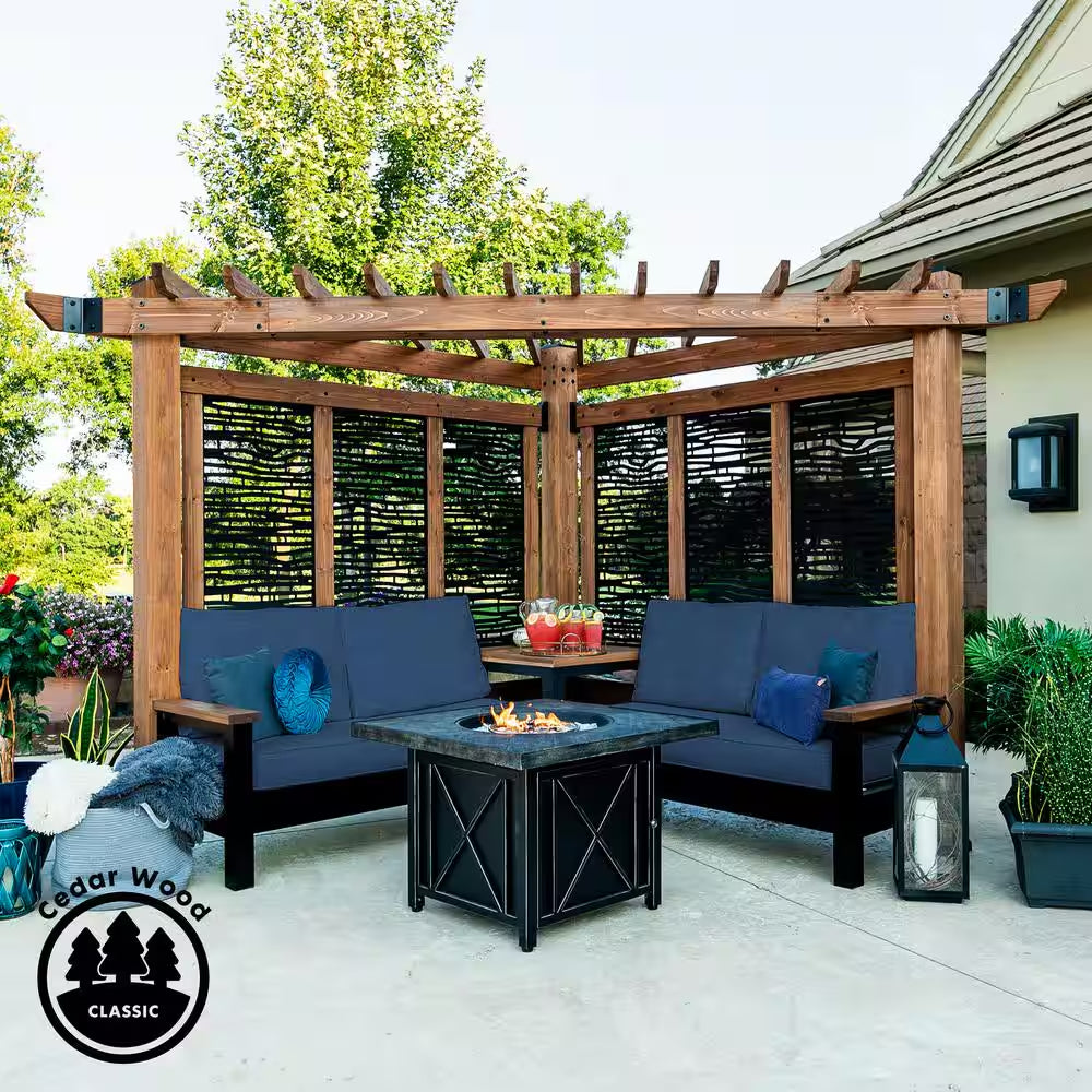 Tuscany 9 Ft. X 9 Ft. Light Brown Wooden Cabana Pergola with Bamboo Privacy Panels and Indigo Conversation Seating