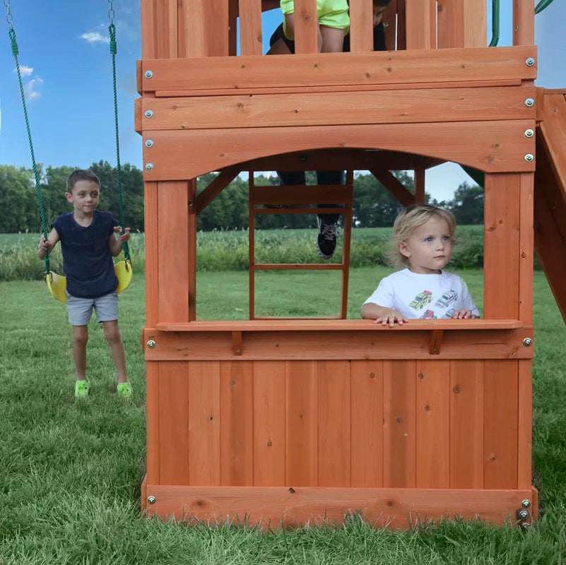 Atlantis Cedar Wood Swing Set with Wave Slide, Clubhouse, Rock Wall, and Sandbox Area