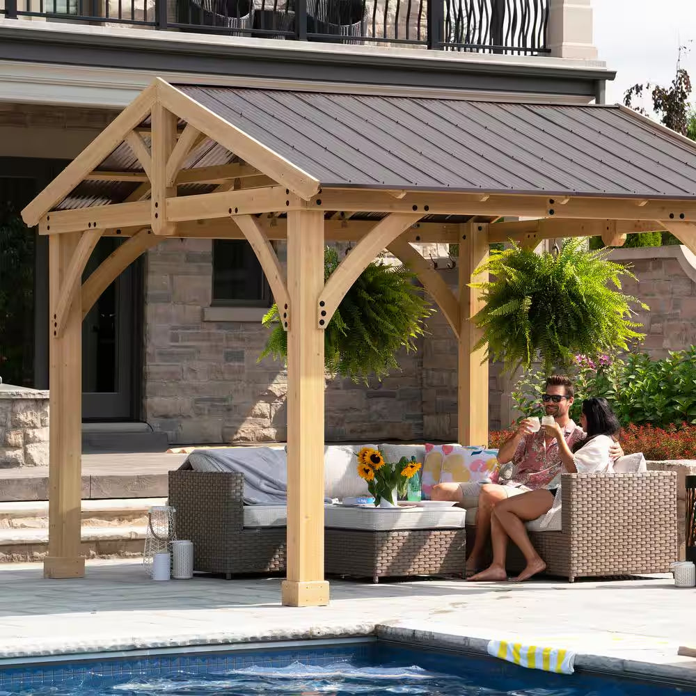DIY Carolina 11 Ft. X 13 Ft. Cedar Wood Outdoor Gazebo Kit with Hardtop Metal Roof - Permanent Covered Patio Shade