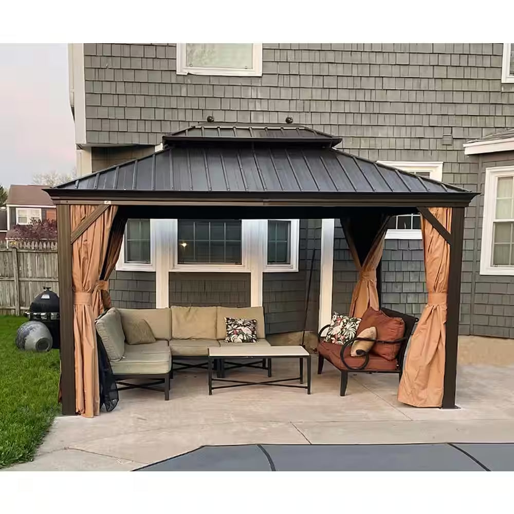 11 Ft.X 13 Ft.Bronze Aluminum Power-Coated Frame Galvanized Steel Double Roof Hardtop Gazebo,Hooks,Netting,Khaki Curtain