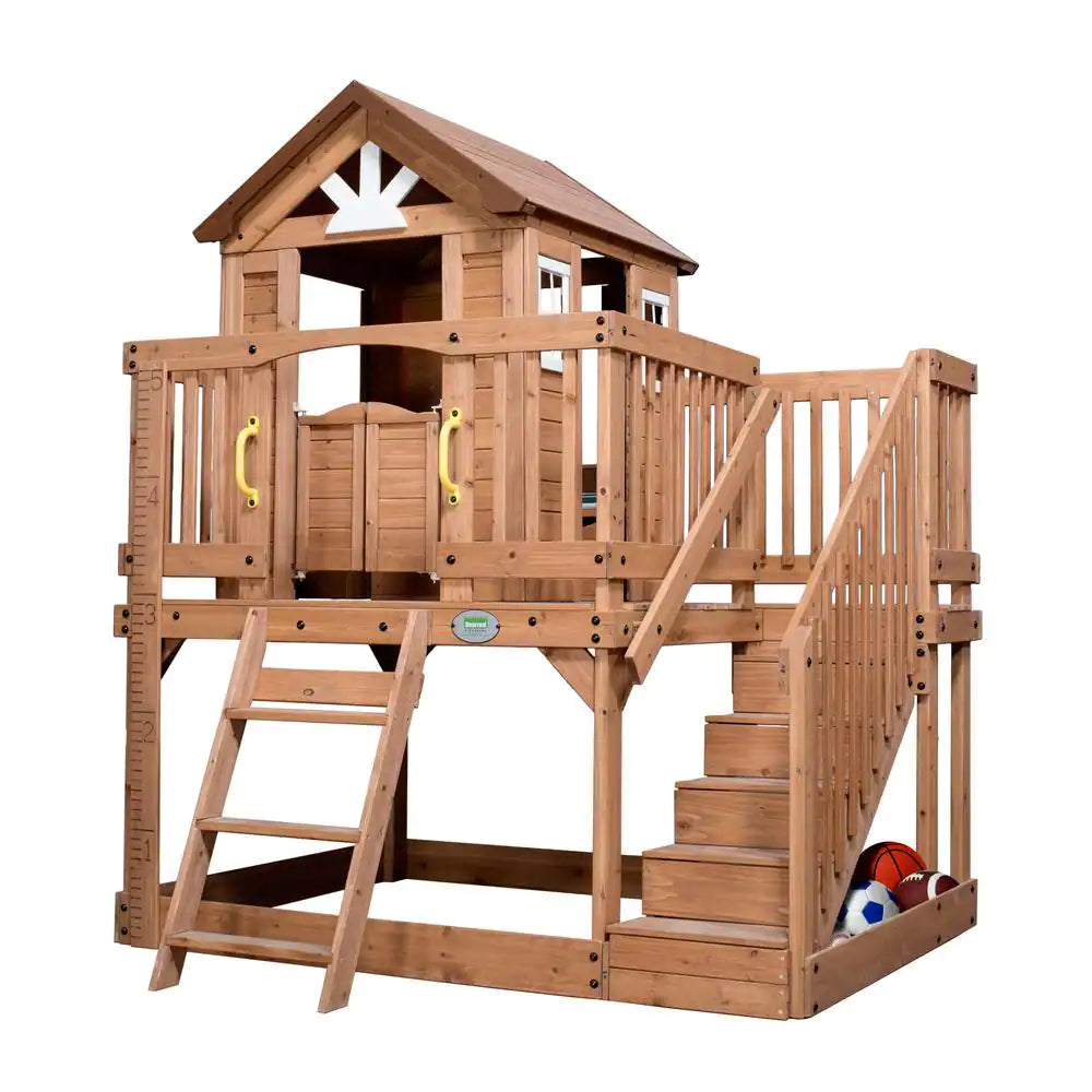 Scenic Heights Indoor Outdoor All Cedar Wooden Elevated Kids Playhouse W/ Clubhouse, Ladder, Staircase, and Play Kitchen
