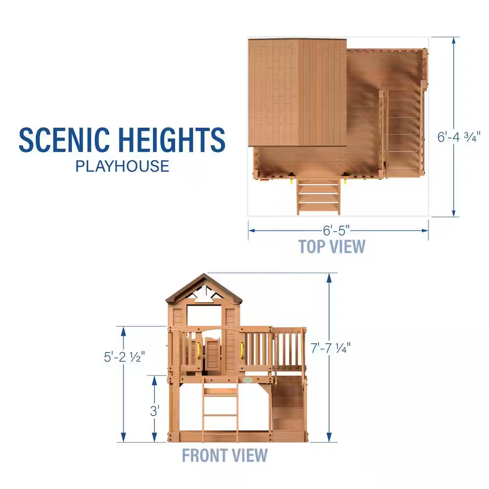 Scenic Heights Indoor Outdoor All Cedar Wooden Elevated Kids Playhouse W/ Clubhouse, Ladder, Staircase, and Play Kitchen