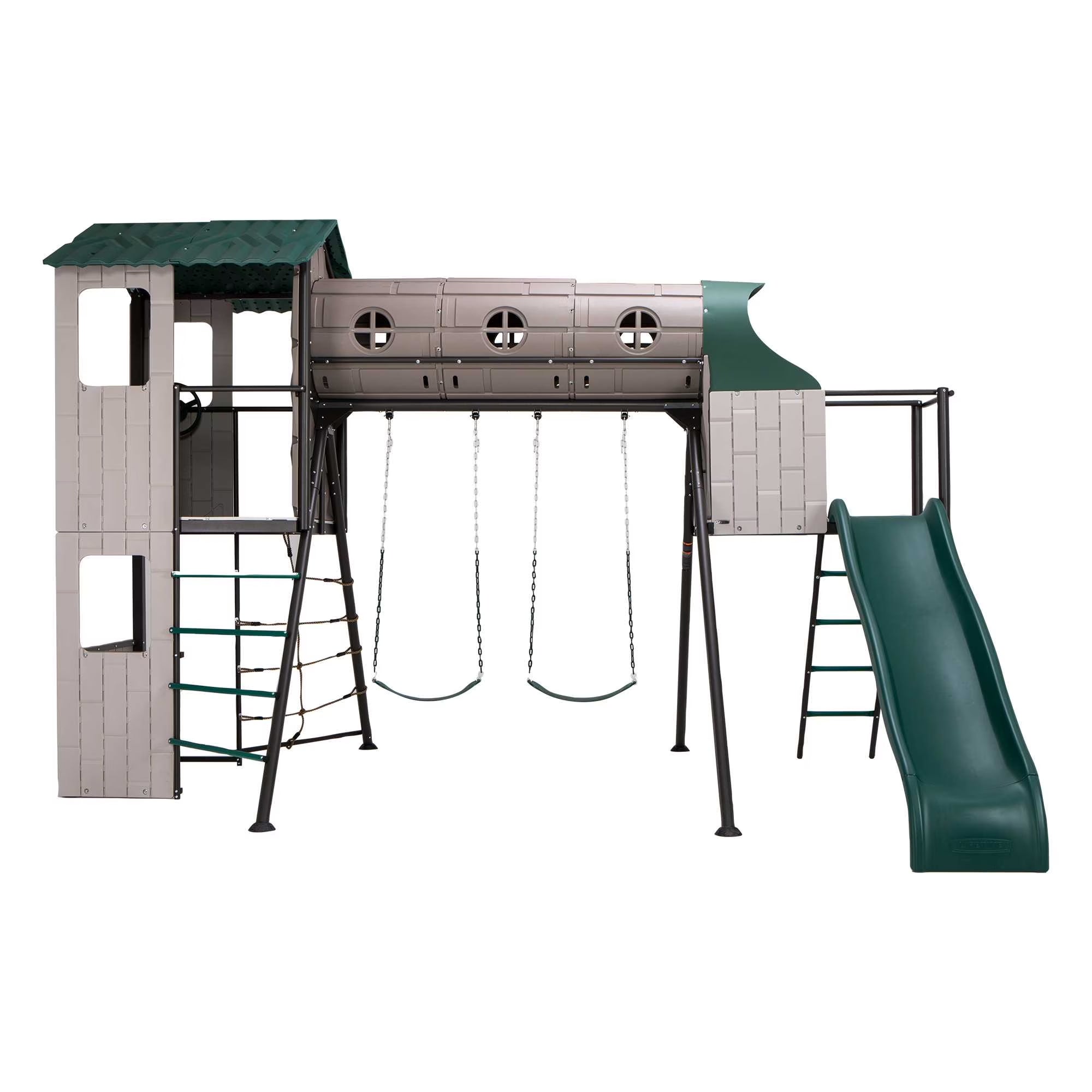 Kid'S Adventure Tunnel Swing Set with Clubhouse, Belt Swings and Climbing Wall (91134)