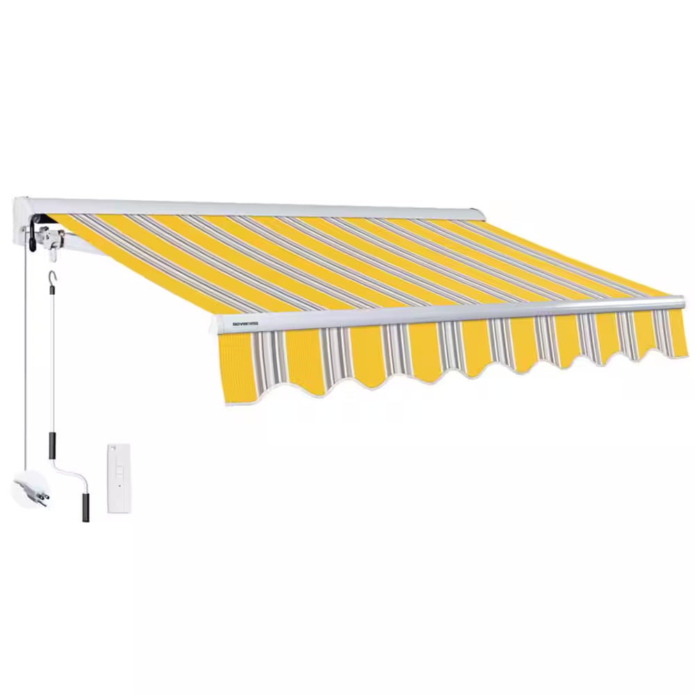 10 Ft. Luxury Series Semi-Cassette Electric W/ Remote Retractable Patio Awning, Yellow Gray Stripes (8 Ft. Projection)