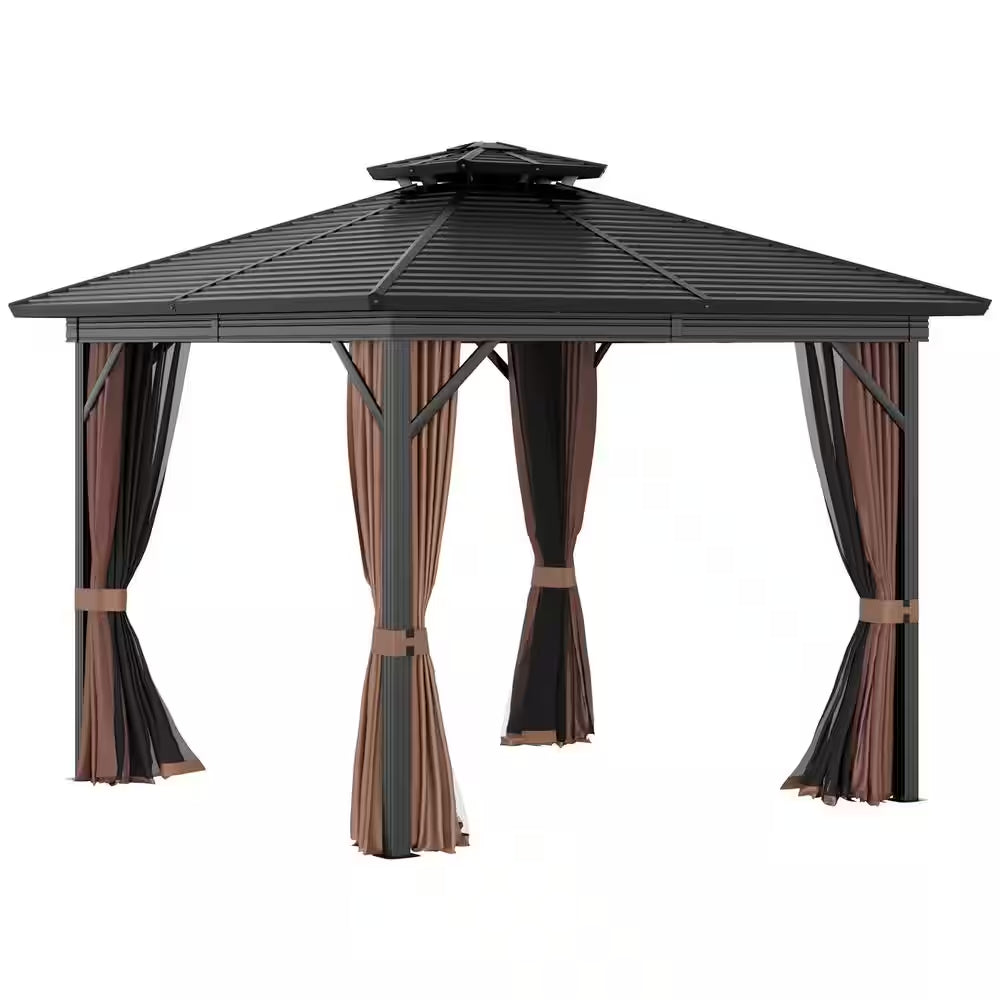 10 Ft. X 10 Ft. 2-Tier Patio Gazebo Canopy with Breathable Mesh Netting and Privacy Sidewalls, Black and Dark Brown