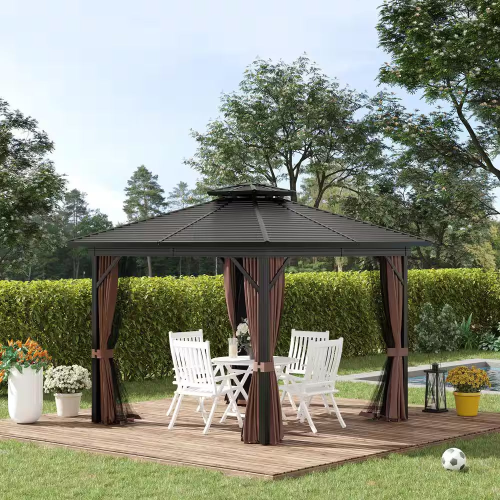 10 Ft. X 10 Ft. 2-Tier Patio Gazebo Canopy with Breathable Mesh Netting and Privacy Sidewalls, Black and Dark Brown