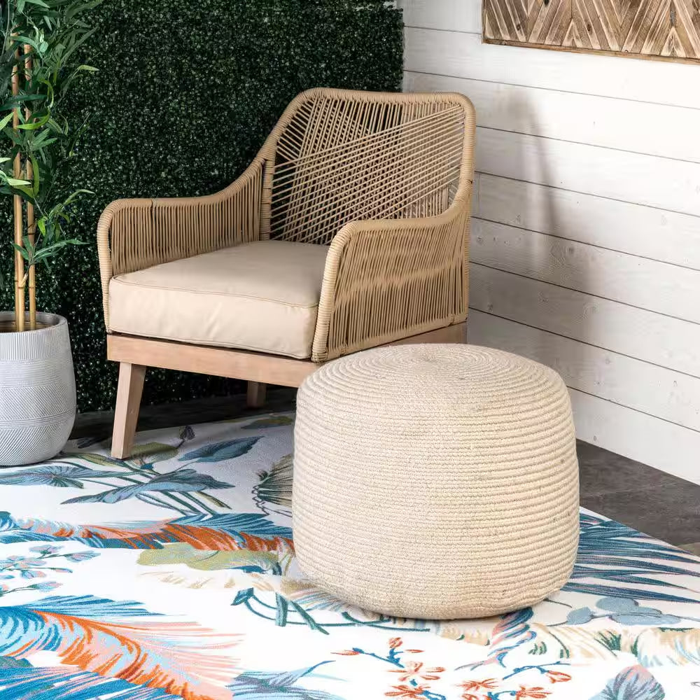Braided Indoor/Outdoor Filled Ottoman Beige round Pouf