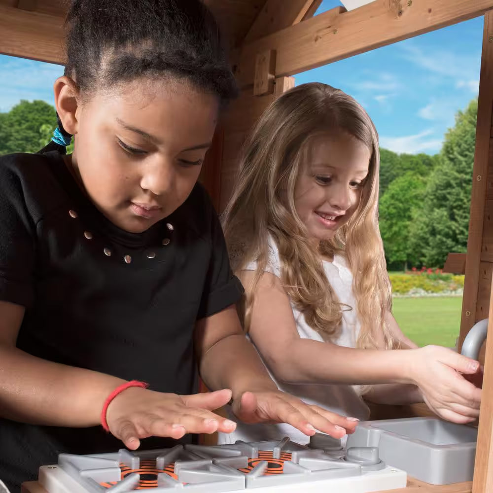 Scenic Heights Indoor Outdoor All Cedar Wooden Elevated Kids Playhouse W/ Clubhouse, Ladder, Staircase, and Play Kitchen