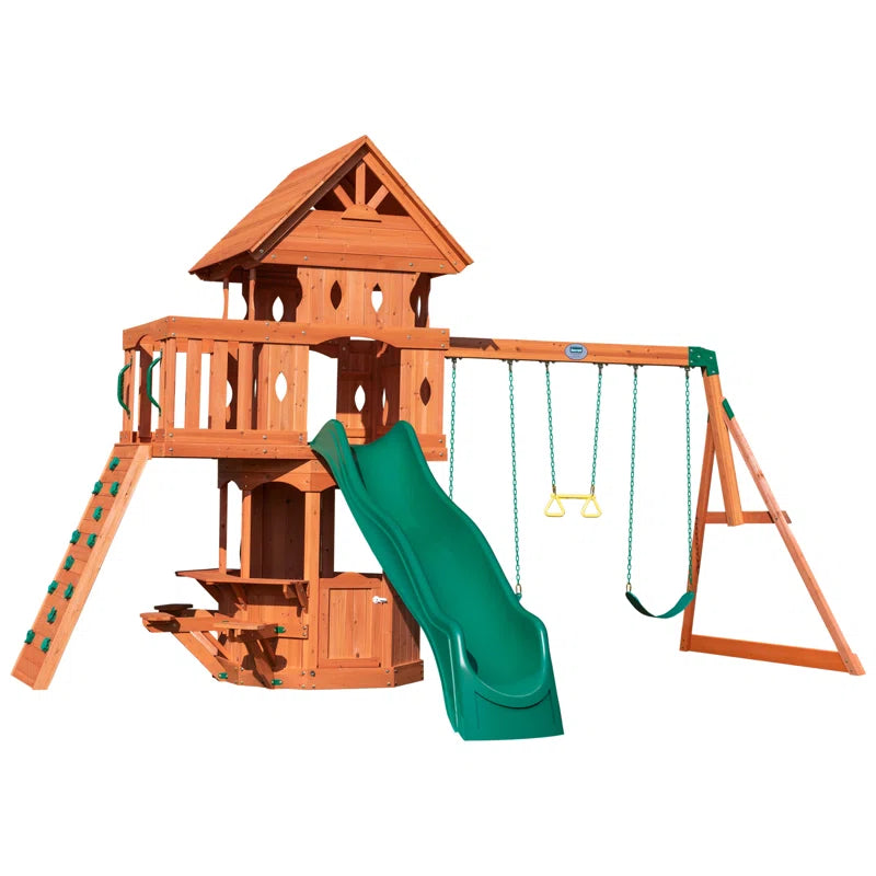 Woodland Cedar Wood Swing Set with Wave Slide, Clubhouse, Rock Wall, and Snack Bar Station