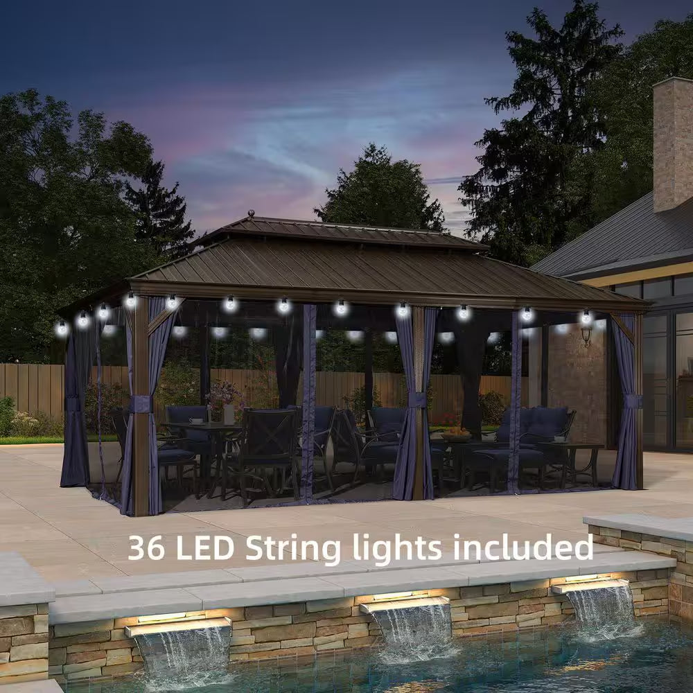 12 Ft.X 20 Ft.Bronze Patio Outdoor Gazebo for Backyard Hardtop Aluminum Frame with Hooks,Netting ,Blue Curtain,36-Lights