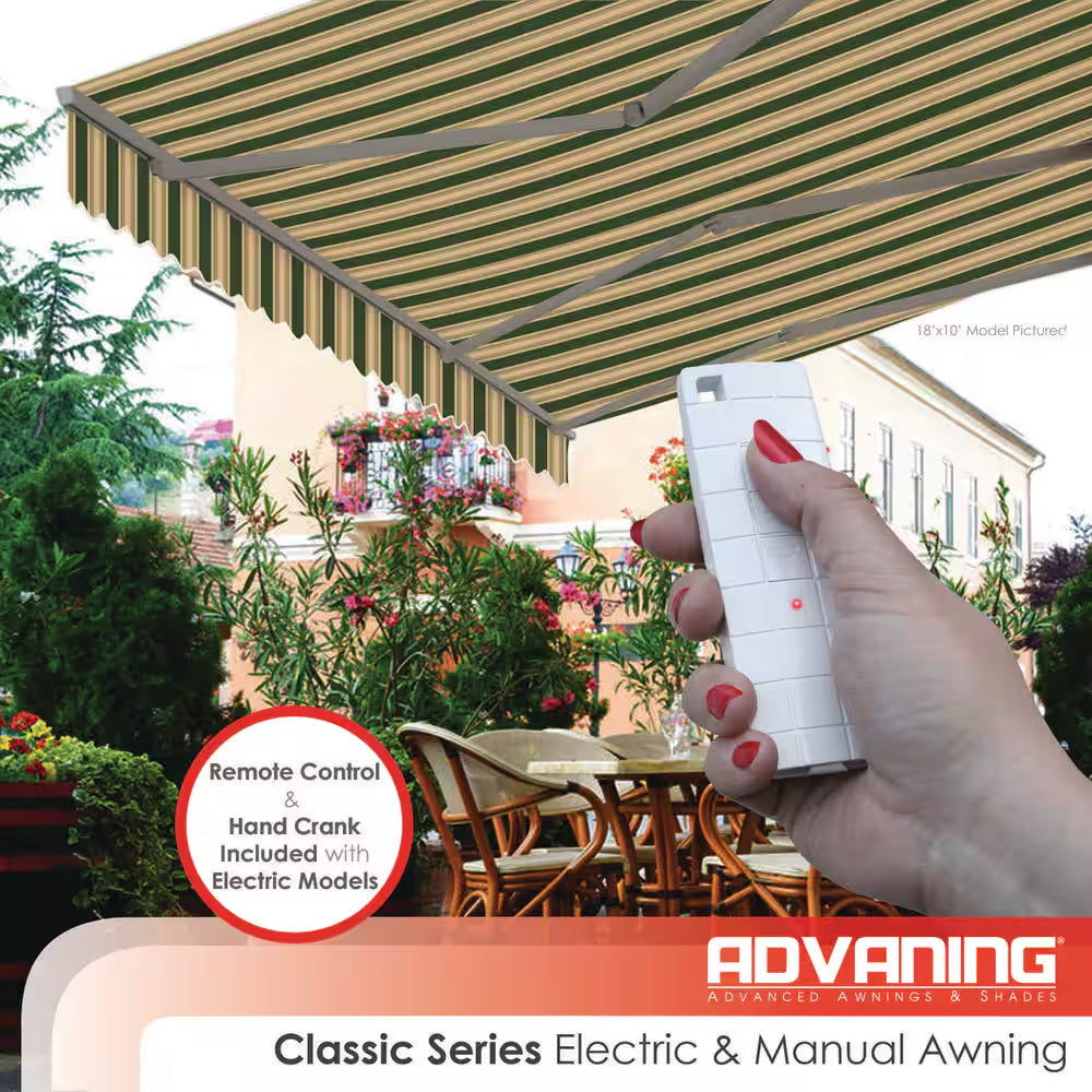 12 Ft. Classic Series Semi-Cassette Electric W/ Remote Retractable Patio Awning, Green Beige Stripes (10 Ft Projection)