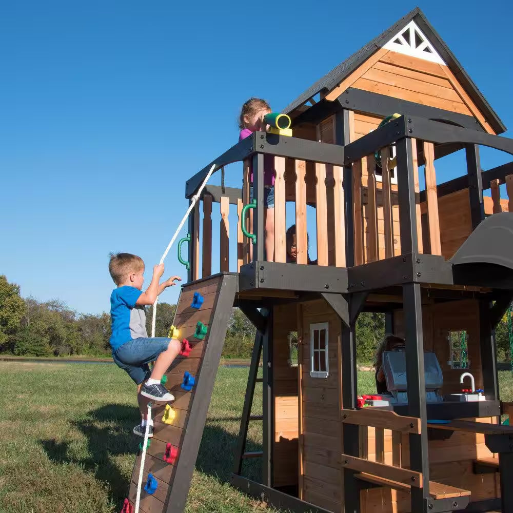 Canyon Creek Outdoor Kid'S Playground Set W/ Rockwall, Upper Fort, Swing Set, Gray Wave Slide, and Playset Kitchen
