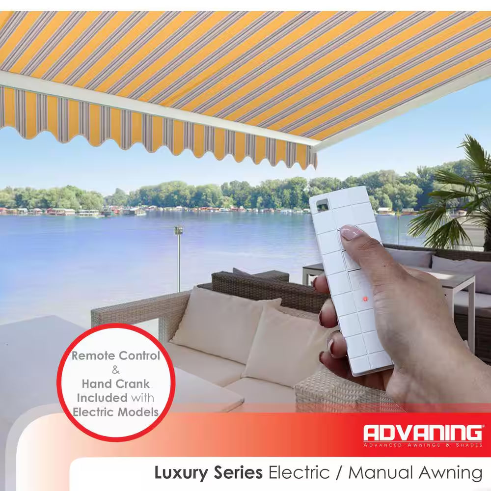 10 Ft. Luxury Series Semi-Cassette Electric W/ Remote Retractable Patio Awning, Yellow Gray Stripes (8 Ft. Projection)