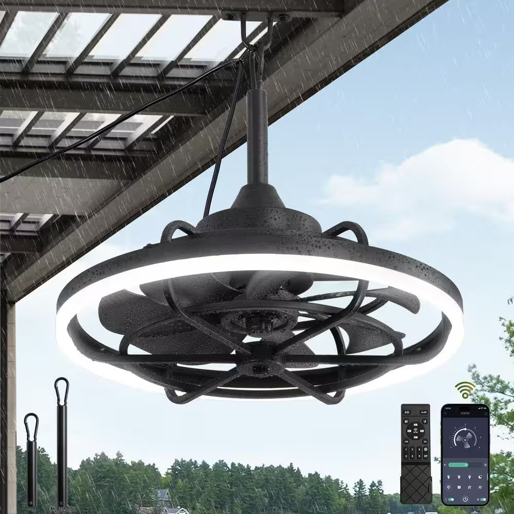 20 In. Smart Outdoor Black Waterproof Caged Ceiling Fan with Integrated LED and Remote&App Control, 6-Speeds, 3-CCT