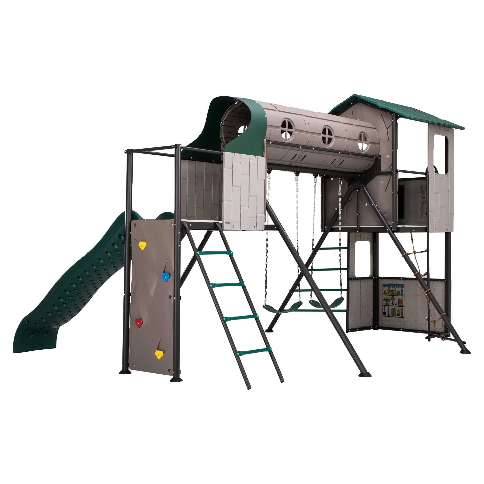 Kid'S Adventure Tunnel Swing Set with Clubhouse, Belt Swings and Climbing Wall (91134)