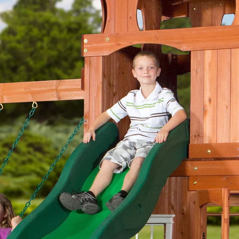 Shenandoah Cedar Wood Swing Set with Wave Slide, Clubhouse, Playhouse, and Play Kitchen
