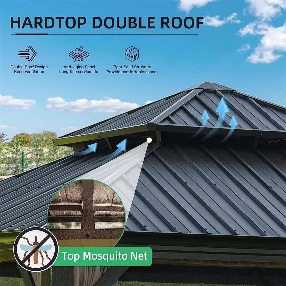 12 Ft. X 12 Ft. Outdoor Aluminum Frame Canopy with Galvanized Steel Roof, Hooks Curtains and Netting (Brown)