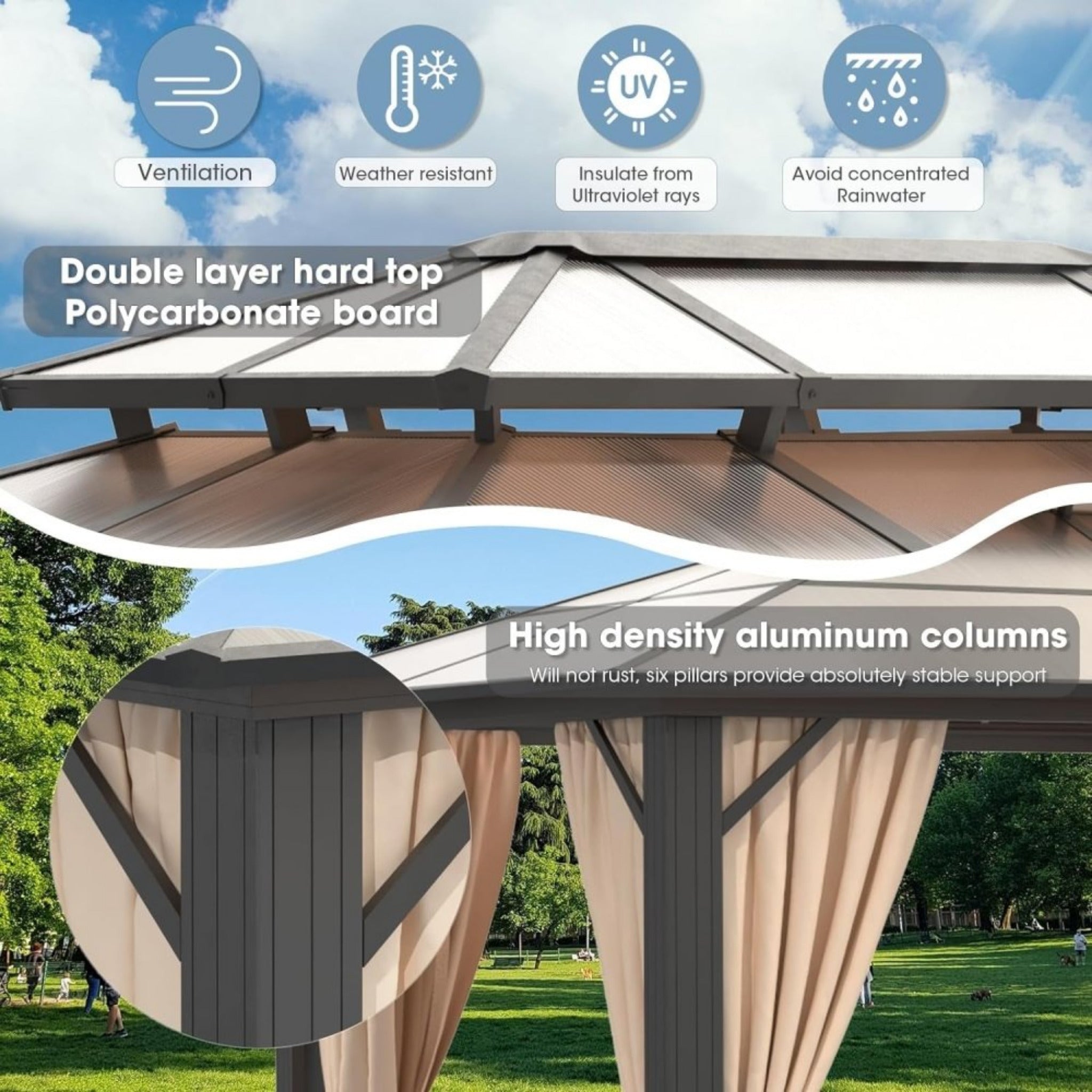 [12X20FT] Alora Premium Aluminum Outdoor Polycarbonate Hardtop Gazebo With UV Protection, Netting & Curtains (96815273)