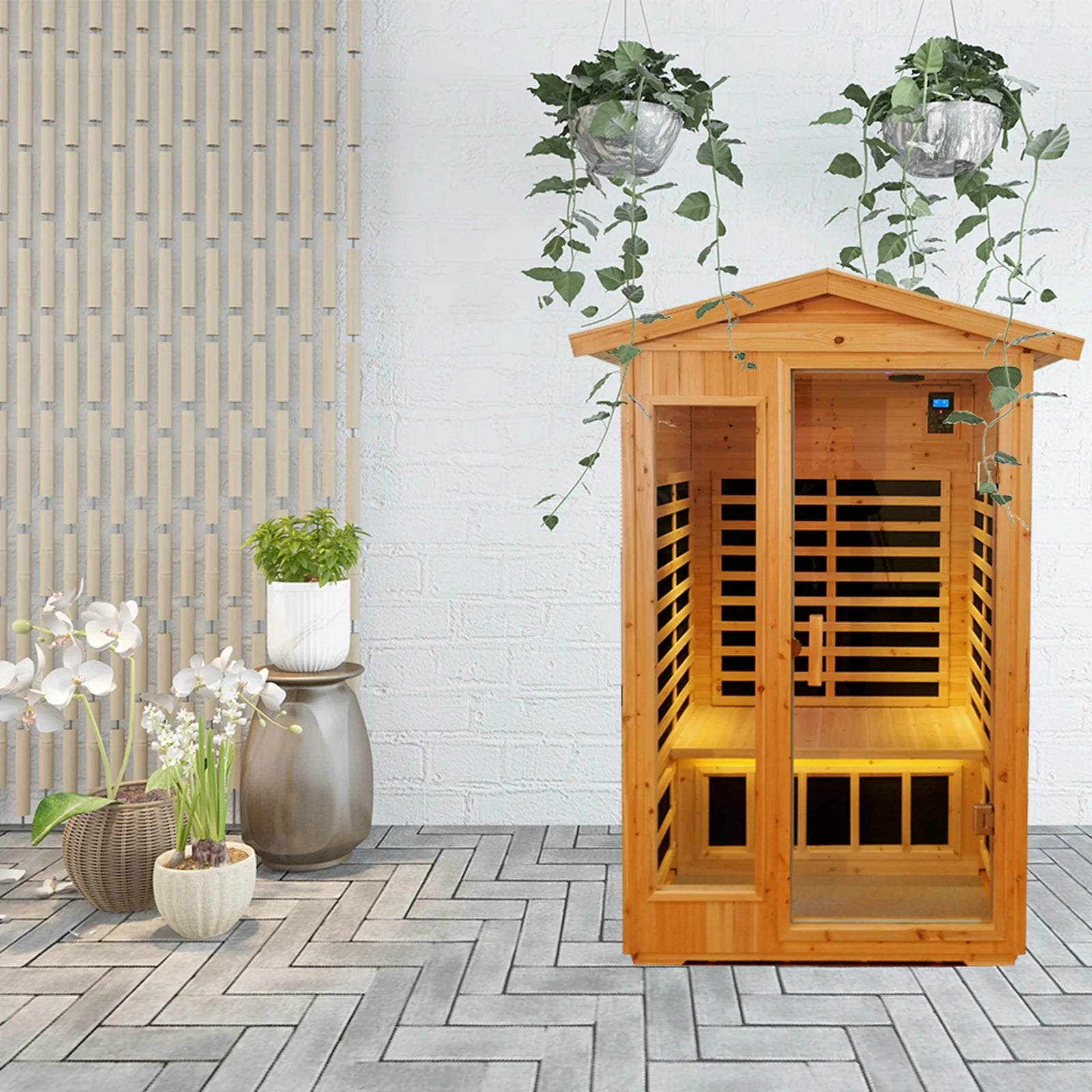 Far Infrared Wooden Outdoor Sauna 2-Person 1750W Hemlock Sauna Room with 9 Low EMF Heaters for Indoor Outdoor