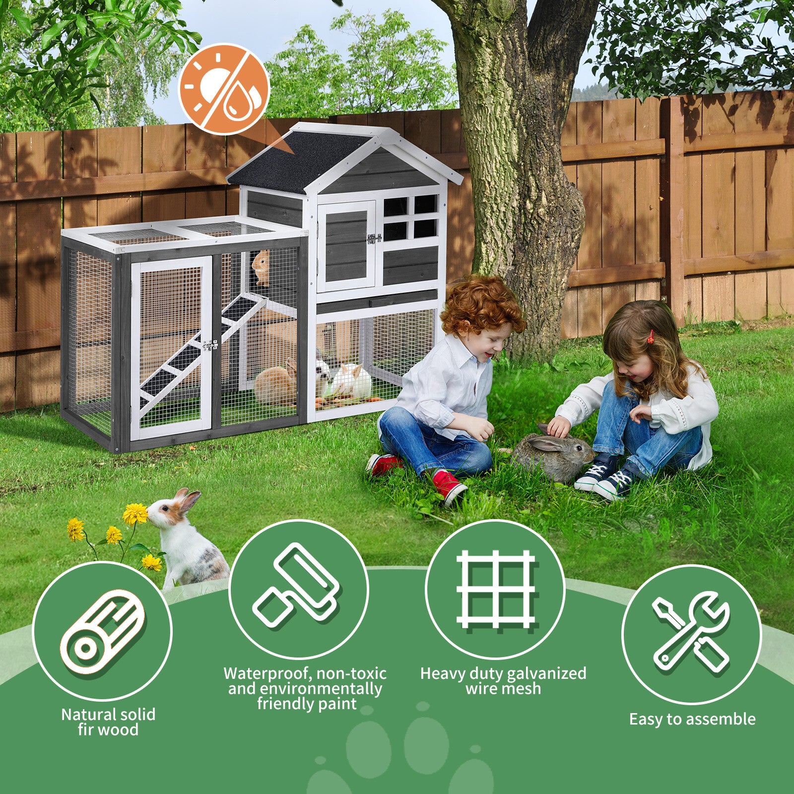 47" Wooden Rabbit Hutch Outdoor Chicken Coop Indoor Bunny Cage Pet House W/ Run