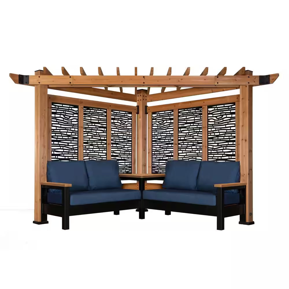 Tuscany 9 Ft. X 9 Ft. Light Brown Wooden Cabana Pergola with Bamboo Privacy Panels and Indigo Conversation Seating