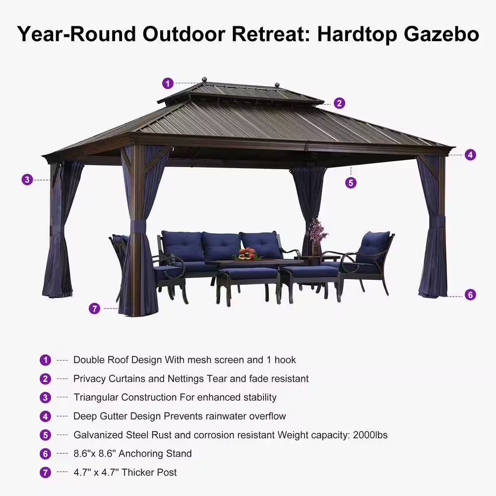 12 Ft.X 16 Ft.Bronze Patio Outdoor Gazebo for Backyard Hardtop Aluminum Frame with Hooks,Netting ,Blue Curtain,24 Lights