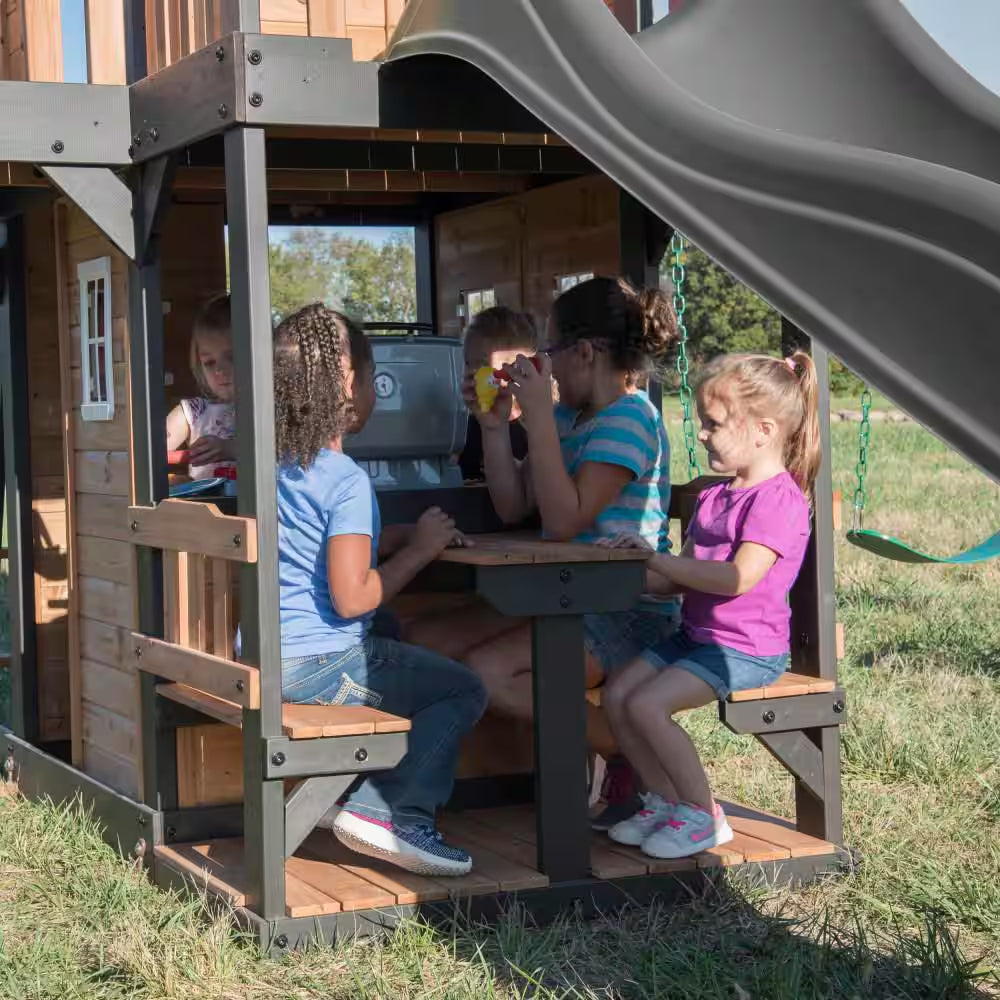 Canyon Creek Outdoor Kid'S Playground Set W/ Rockwall, Upper Fort, Swing Set, Gray Wave Slide, and Playset Kitchen